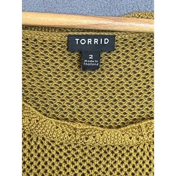 Torrid Crochet Knit Short Sleeve Top Sz 2X Mustard Cotton Fringe Open Knit Layer - Picture 6 of 11